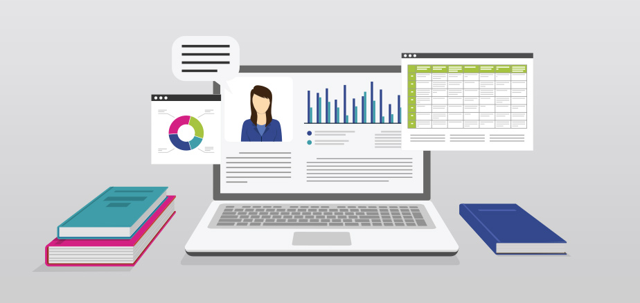 Illustration of a laptop among charts and books